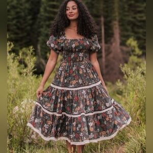 JessaKae Midnight Garden Dress 3X Puff Sleeve Floral Tiered Lace Ruching Pockets